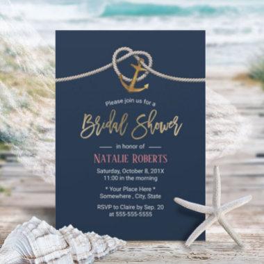Nautical Gold Anchor Rope Navy Blue Bridal Shower Invitations