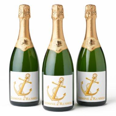 Nautical Gold Anchor Wedding Engagement Beach Sparkling Wine Label