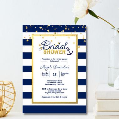 Nautical Gold Navy Blue Stripes Bridal Shower Invitations