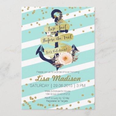 nautical gold striped bridal shower Invitations