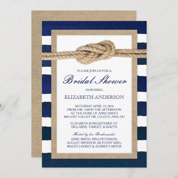 Nautical Knot Navy Stripes Rustic Bridal Shower Invitations