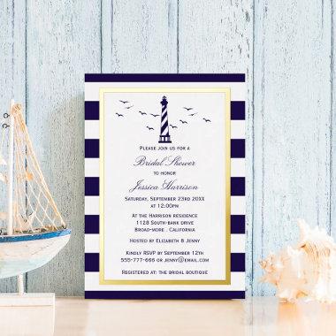 Nautical Lighthouse Navy Stripe Bridal Shower Real Foil Invitations