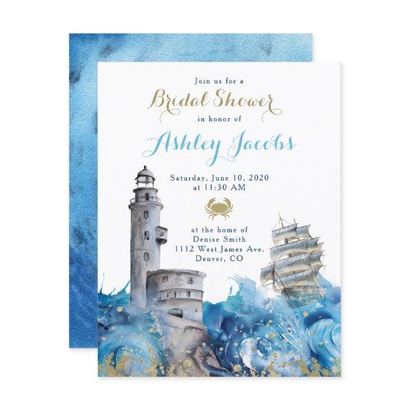 Nautical Lighthouse Waves Ship Bridal Shower Invitations