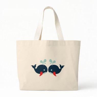 Nautical Love Whales Fish Love - Navy Sailor Beach Large Tote Bag