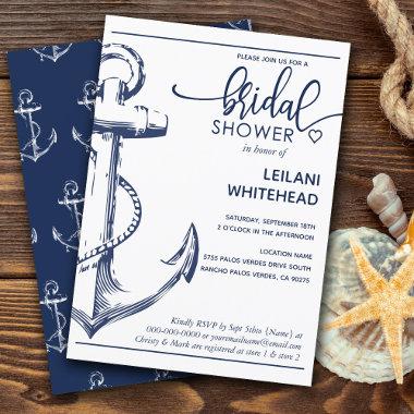 Nautical Navy Anchor Bridal Shower White Invitations