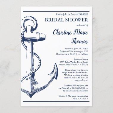 Nautical Navy Anchor Surprise Bridal Shower Recipe Invitations