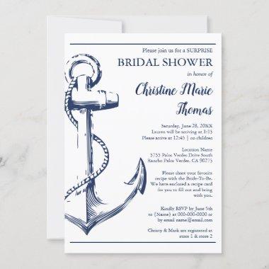 Nautical Navy Anchor Surprise Bridal Shower Recipe Invitations