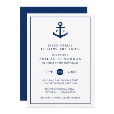 Nautical Navy Blue Anchor Monogram Bridal Luncheon Invitations