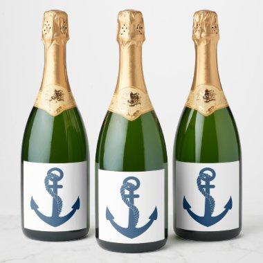 Nautical Navy Blue Anchor Wedding Bridal Shower Sparkling Wine Label