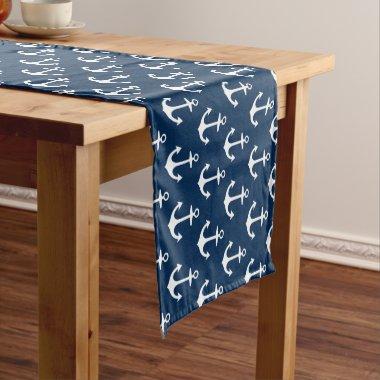 Nautical Navy Blue and White Boat Anchor Pattern Short Table Runner