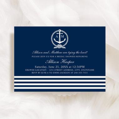 Nautical Navy Blue and White Stripes Bridal Shower Invitations