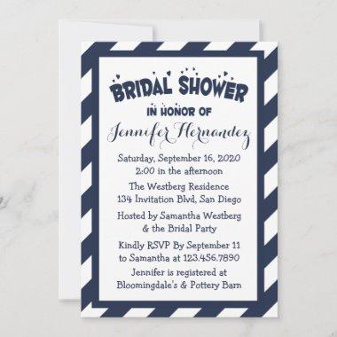Nautical Navy Blue And White Stripes Bridal Shower Invitations