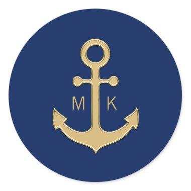 Nautical Navy Blue Gold Anchor Wedding MONOGRAMS Classic Round Sticker