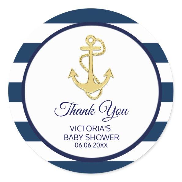 Nautical Navy Blue Gold Stripes Anchor Baby Shower Classic Round Sticker