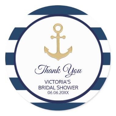 Nautical Navy Blue Gold Stripes BRIDAL Shower Classic Round Sticker