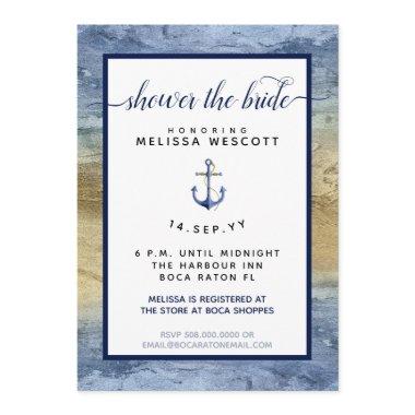 Nautical Navy Blue & Gold Watercolor Bridal Shower Invitations