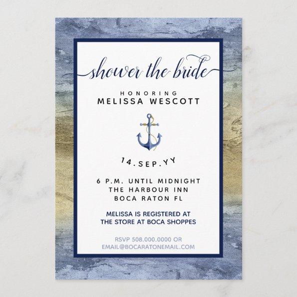 Nautical Navy Blue & Gold Watercolor Bridal Shower Invitations