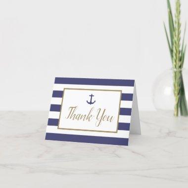 Nautical Navy Blue Stripes Anchor Gold Script Thank You Invitations