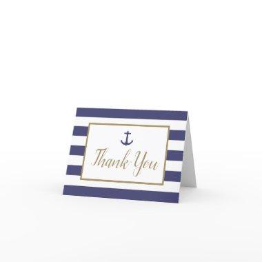 Nautical Navy Blue Stripes Anchor Gold Script Thank You Invitations