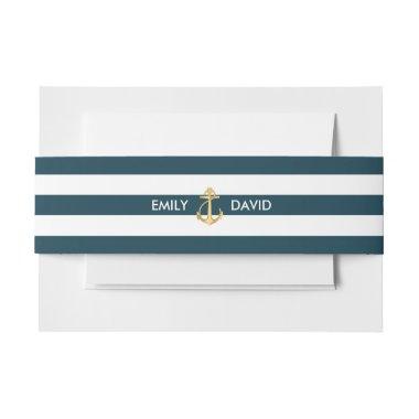 Nautical Navy Blue Stripes Gold Anchor Wedding Invitations Belly Band