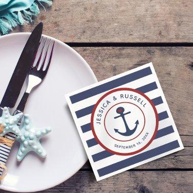 Nautical Navy Blue Stripes Red Crab Paper Napkins