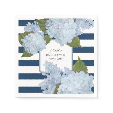 Nautical Navy Blue White Striped Hydrangea Floral Napkins