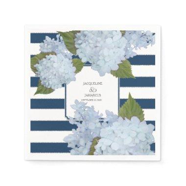 Nautical Navy Blue White Striped Hydrangea Floral Paper Napkins