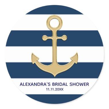 Nautical Navy Blue White Stripes Gold Anchor Classic Round Sticker