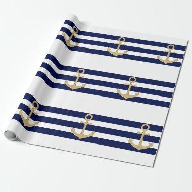 Nautical Navy Blue White Stripes Gold Anchor Wrapping Paper