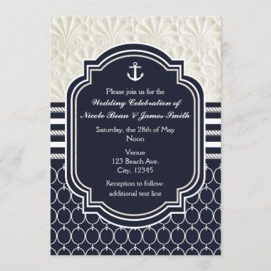 Nautical Navy & White Elegant Beach Wedding Invitations