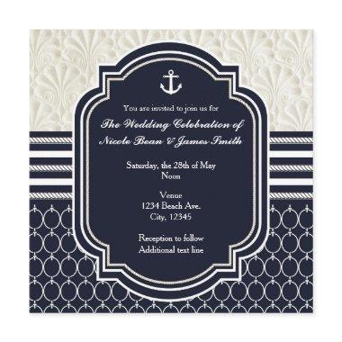 Nautical Navy & White Elegant Beach Wedding Invitations