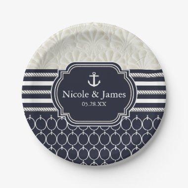 Nautical Navy & White Elegant Beach Wedding Paper Plates