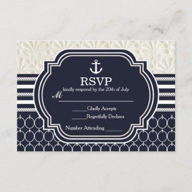 Nautical Navy & White Elegant Beach Wedding RSVP Card