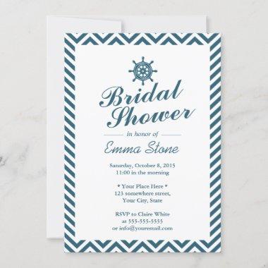 Nautical Rudder Blue Chevron Stripes Bridal Shower Invitations