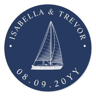 Nautical Sailboat Wedding Date Classic Round Sticker