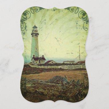 nautical seascape oil painting vintage lighthouse Invitations