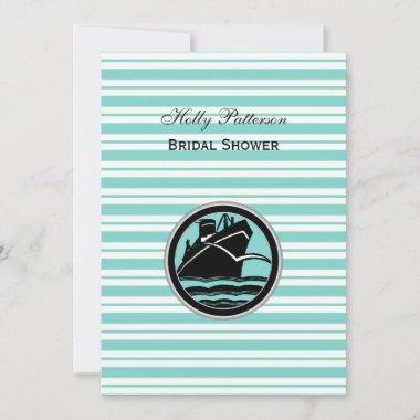 Nautical Ship Lt Blu Wht Stripe #2 V Bridal Shower Invitations