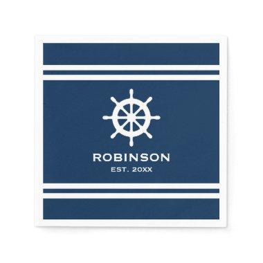 Nautical ship wheel navy blue and white wedding napkins