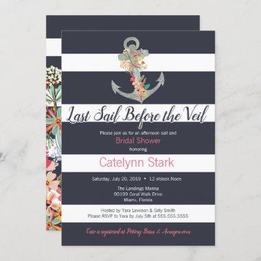 Nautical Stripe Floral Anchor Bridal Shower Invitations