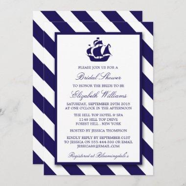 Nautical Stripes & Navy Blue Ship Bridal Shower Invitations