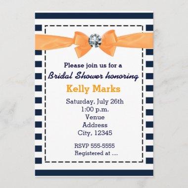 Nautical stripes navy orange bow bridal shower Invitations
