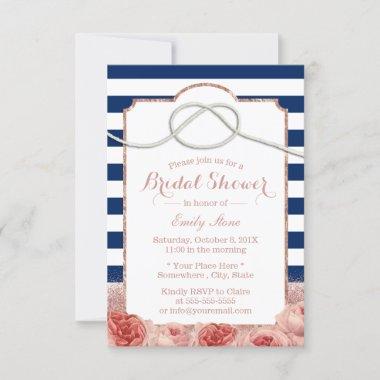 Nautical Stripes Rose Gold Floral Bridal Shower Invitations
