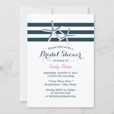 Nautical Stripes Starfish Elegant Bridal Shower Invitations