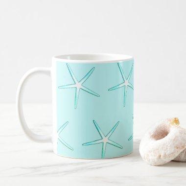 Nautical Teal Blue White Starfish Patterns Cute Coffee Mug