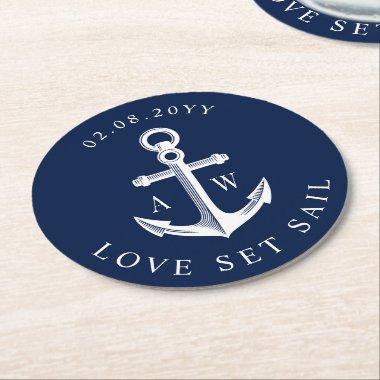 Nautical Theme Anchor Custom Monograms Navy Round Paper Coaster