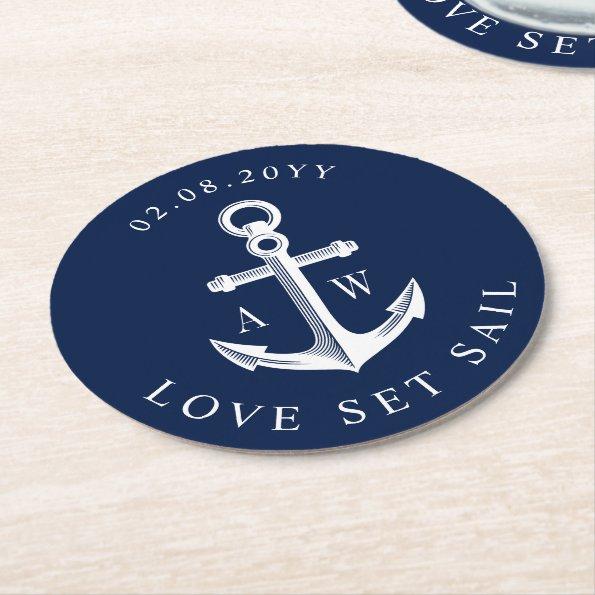 Nautical Theme Anchor Custom Monograms Navy Round Paper Coaster