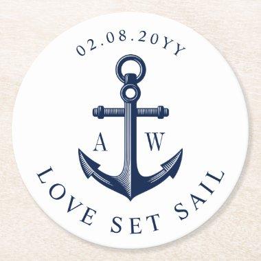 Nautical Theme Anchor Custom Monograms Round Paper Coaster