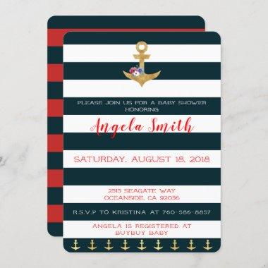 Nautical Theme Baby Shower Anchors Away Striped Invitations