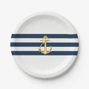 Nautical Wedding Gold Anchor Navy Stripes Paper Plates