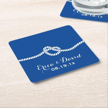 Nautical Wedding Navy Blue Tying the Knot Square Paper Coaster